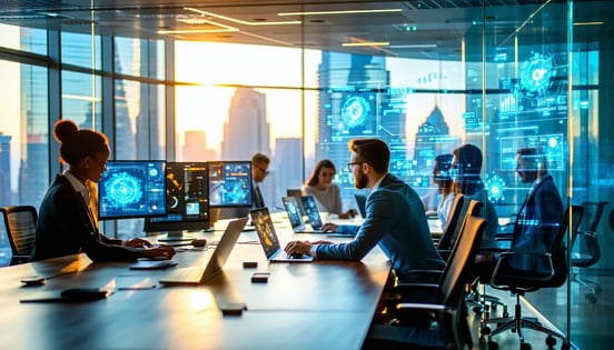 The image depicts a modern office environment bustling with activity In the foreground a diverse group of employees collaborates around a sleek conference table equipped with digital screens displaying data analytics and project timelines A large win-1