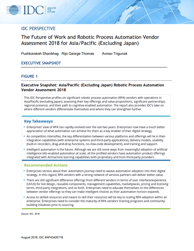 IDC report on RPA Vendor Assessment 2018 for APEJ-1